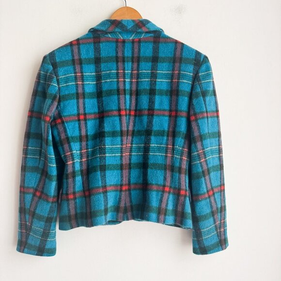 Vintage 90s Sisley Blue Plaid Cropped Leather Button Wool Blend Blazer S - Picture 4 of 8